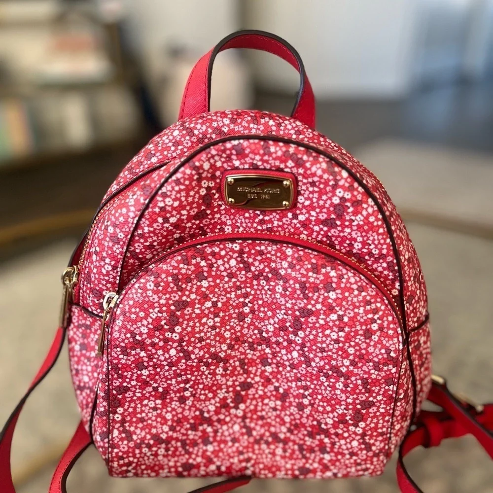 🌸NWT Authentic Michael Kors Abbey Mini Backpack - Red Floral with Gold Accents